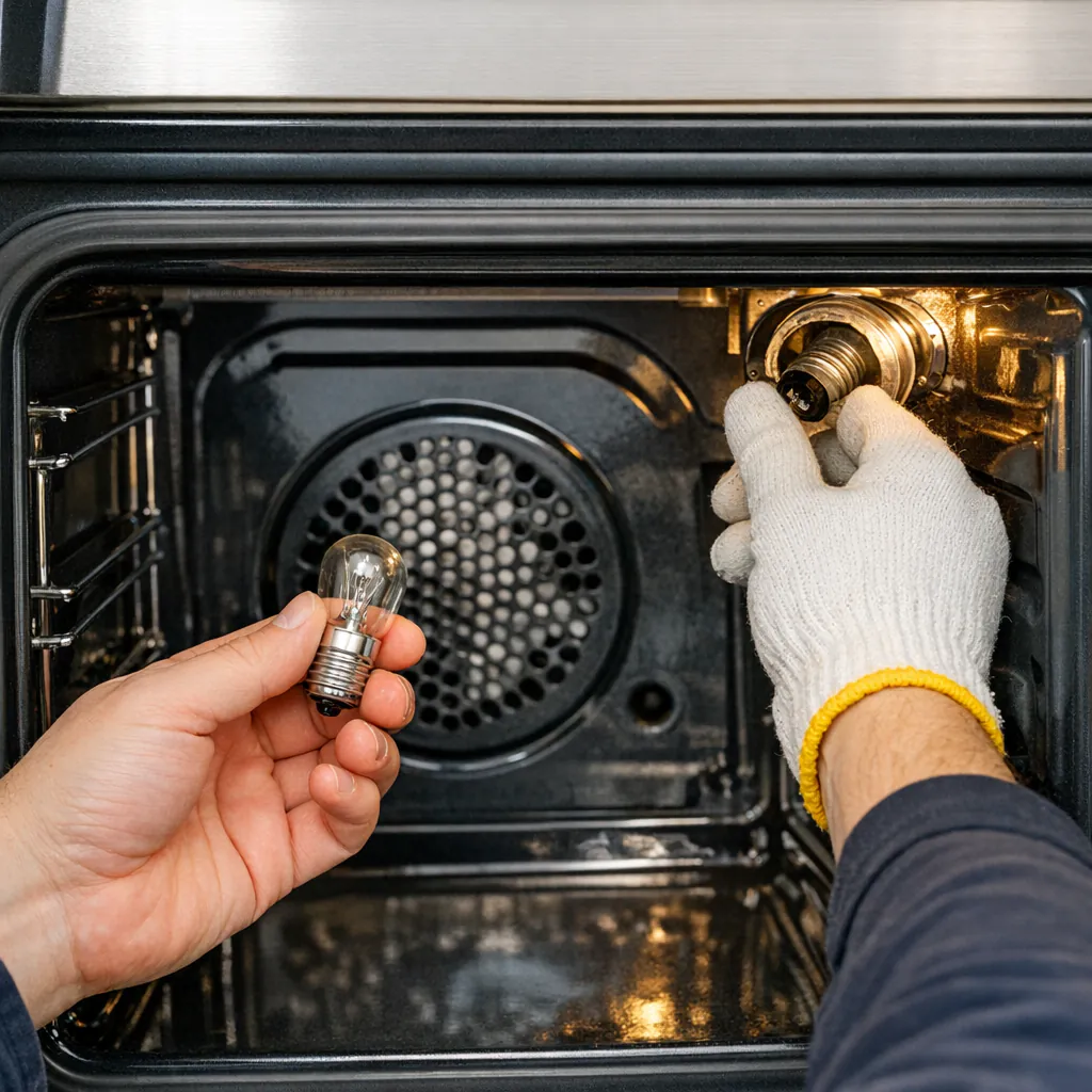 Ein Mann wechselt die Lampe in einem Backofen