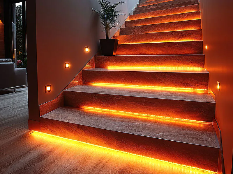 LED-Streifen mit intelligenter Beleuchtungstechnologie an einer Treppe.